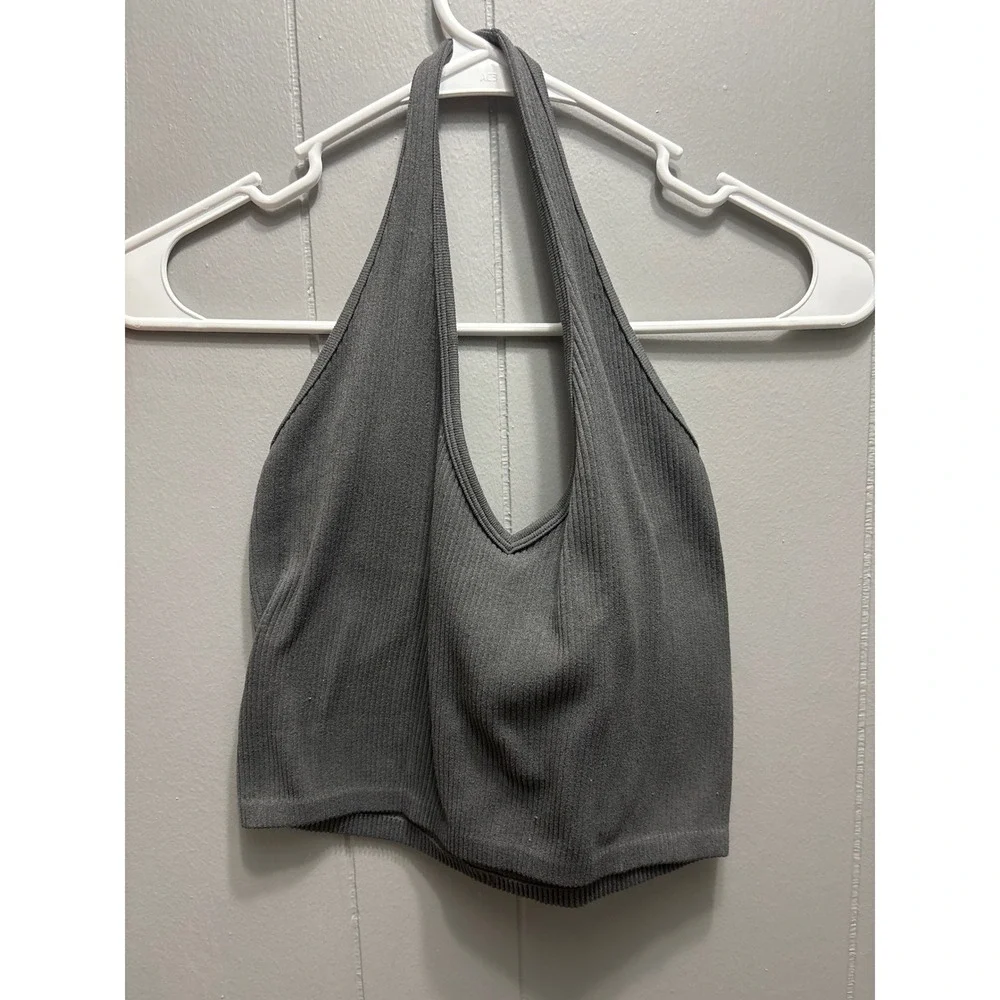 Aster Ribbed Halter Top Charcoal Gray V-Neck Cropped Knit Camisole  M/L